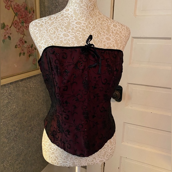 Tops - Vintage Niki Livas Zum Zum corset top strapless black flocked mesh/ dark red M